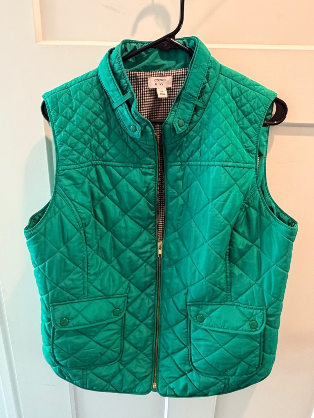 Crown & Ivy Quilted Vest Womens XL Green Preppy Lightweight Zip Front